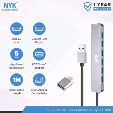 USB HUB 3.0 NYK 7Port Cable 1M OTG Type C USB HUB 3.0 NYK 7 Port Cable 1m
