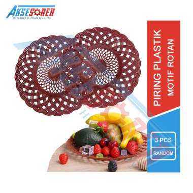Aksesoren Piring Plastik Motif Rotan / Alas Tempat Nasi Alat Peralatan Makan Bulat 3Pcs-Rotan Plasti