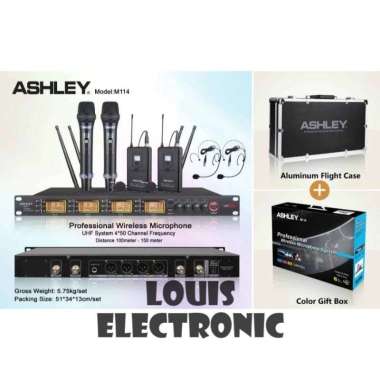Mic Microphone Wireless ASHLEY M114 2 Mic Handle 2 Mic Clip On Headset + HARDCASE ORI