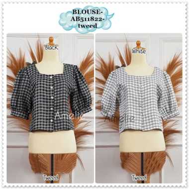AB511822TW Baju Atasan Kemeja Kotak Hitam Putih Lengan Pendek Wanita Korea Import