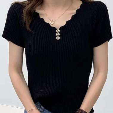 Verish ATASAN RAJUT WANITA V NECK/Baju Rajut turtleneck Wanita/Kaos Import V Neck Wanita Lengan pend