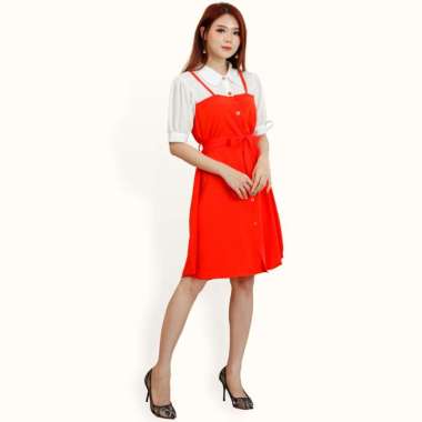 Midi Dress tunik Lengan pendek wanita gaya korea kombinasi warna - Jfashion Kenisha SS Orange