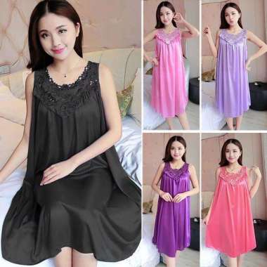 Daster Satin Brokat Korea Terkini Motif Bunga Lace Import Baju Sexy Hitam
