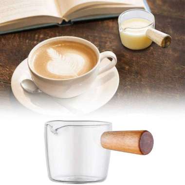Gelas Gagang Kayu Penakar Gula Kopi Susu - Gelas Cangkir Jug Pitcher Kaca Mini 100ml Putih