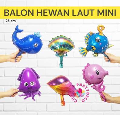 Balon Foil HEWAN LAUT Mini / Balon Animal Sea Lumba Hiu Kerang Gurita Cumi Keong Ikan Hias Kuning