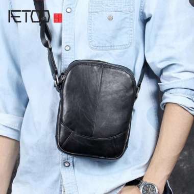 BOSSINDO tas pria kulit asli - tas kulit selempang pria - tas kulit tempat hp