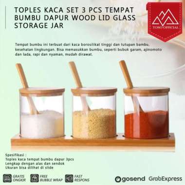 TOPLES KACA SET 3 PCS TEMPAT BUMBU DAPUR WOOD LID GLASS STORAGE JAR