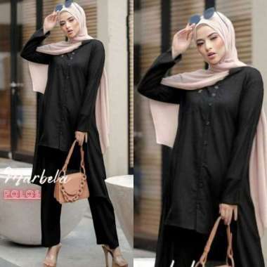 Marbela Set - One Set Wanita Long Tunik Rayon Premium Setelan Wanita Kekinian Polos Lengan Panjang L