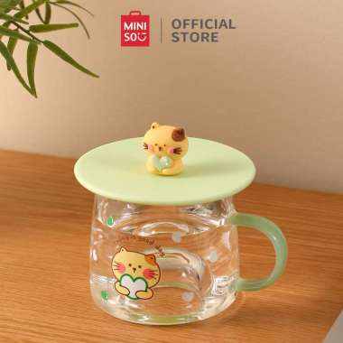 Miniso Kaca Cangkir Gelas Cup Gelas Kopi Mug Lucu Couple Cantik Minum Kaca 300ML Dengan Tutup Green