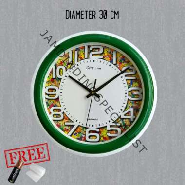 Jam Dinding Ontime 765 P7 Desain Aesthetic Motif Bunga dan Batik Diameter Besar 30cm HIJAU