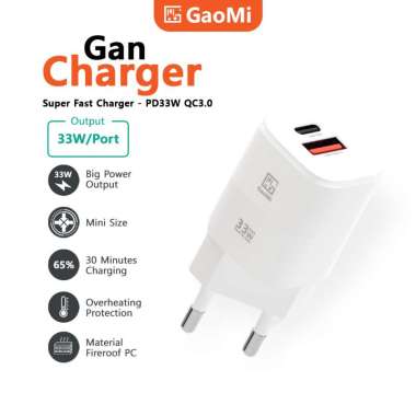 GaoMi Kepala Charger 33W Teknologi GaN PD27W QC3.0 Super Fast Charging Dual Port USB dan Type-C