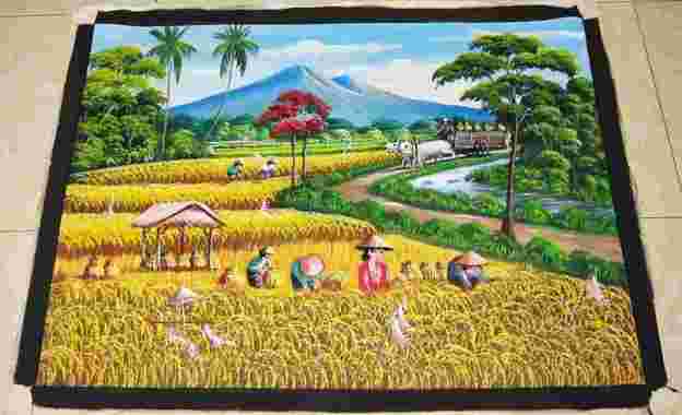 Lukisan Panen Padi dan Pemandangan Sawah Model Realistis