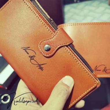 Mivaso Dompet couple kulit asli panjang kancing ada resleting Coklat muda