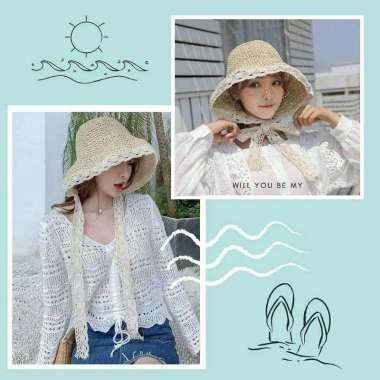 VERISH Bucket Hat Topi Pantai Kupluk Wanita Anyaman Jerami Original Premium Import