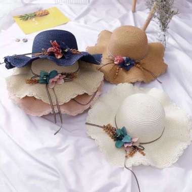 VERISH Topi Pantai Gelombang Import Bunga Lily Topi Fashion Wanita Beige