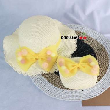 VERISH Topi set tas anak pantai pita tile pompom PST8 / summer hat Putih tulang