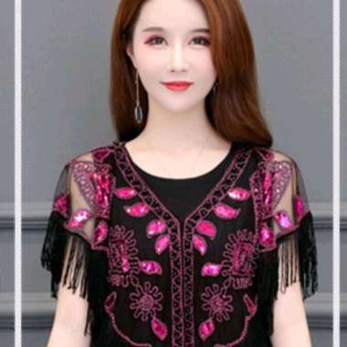 Cardigan Baju Gaun pesta atau Kebaya model Rumbai dan manik manik payet biru