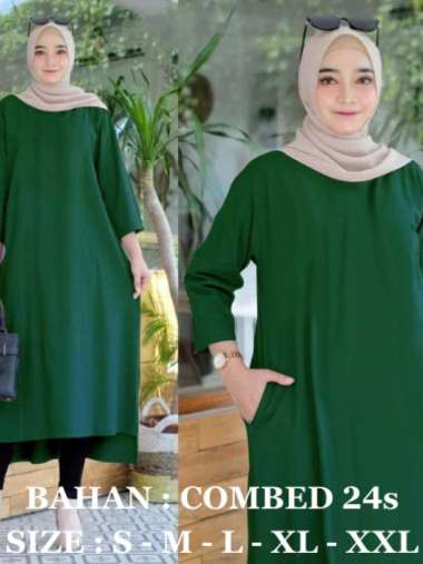 JESLA FASHION Baju Atasan Tunik Wanita Jumbo BASIC BO Bahan Kaos Katun Combed Midi Dress Polos Lenga