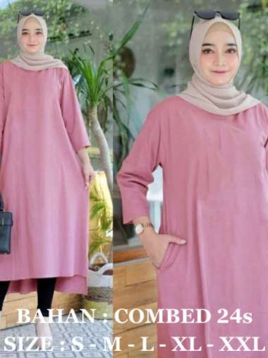 JESLA FASHION Baju Atasan Tunik Wanita Jumbo BASIC BO Bahan Kaos Katun Combed Midi Dress Polos Lenga