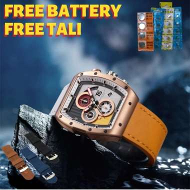 Jam Tangan Pria T5 Original Tali Kulit Dua Warna Chrono & Tangggal Aktif Free Tali & Battery Cadanga