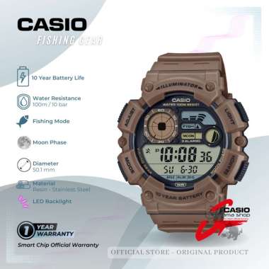 Jam Tangan Pria CASIO WS-1500H Fishing Gear Moon Phase Digital Resin Strap 50 mm Original Navy Brown