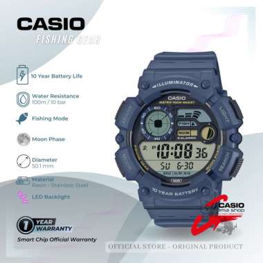 Jam Tangan Pria CASIO WS-1500H Fishing Gear Moon Phase Digital Resin Strap 50 mm Original Navy