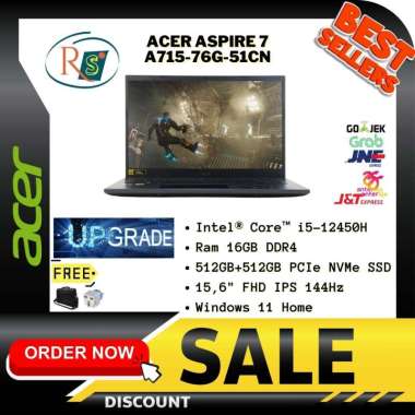 Laptop Acer Aspire 7 A715-76G-51CN with Intel Core i5-12450H 8C/4T - NVIDIA GTX 1650 - Black  RAM 16GB / 512GB SSD + 512GB SSD
