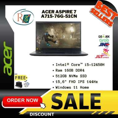Laptop Acer Aspire 7 A715-76G-51CN with Intel Core i5-12450H 8C/4T - NVIDIA GTX 1650 - Black  RAM 16GB / 512GB SSD