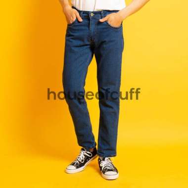 Celana Jeans panjang Denim slim fit pria biru gelap stretch melar 30