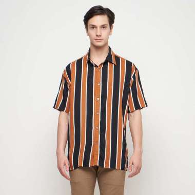 EMOLINE Kemeja Santai Lengan Pendek Pria Salur Coklat Mocca Salur Mocca XXL