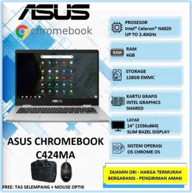 ASUS CHROMEBOOK C424MA INTEL N4020 4GB 128GB 14.0 FHD CHROME OS SILVER 256GB+PAKET ANTIGORES