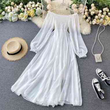 Maxi dress kondangan party pesta wanita sabrina Off Shoulder kerut smock smoke Lengan Panjang bahan 