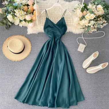 Dress Basic maxy dress singlet wanita V neck Backless Satin tali pita besar (XXL atw XXXL) baby pink
