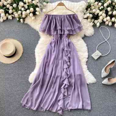 Maxi dress kondangan party sabrina angel off Shoulder ruffle belahan samping bahan sifon besar Hijau