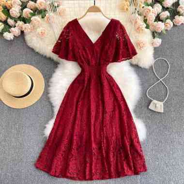 Midi Dress Wanita V neck Lengan Butterfly Sleeve kondangan party pesta Wanita Brokat model terbaru S