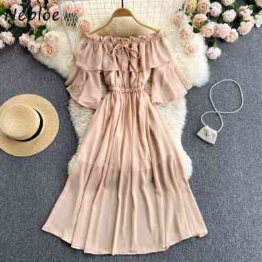 Maxi Dress Wanita Sabrina Angel Off Shoulder lengan Terompet ¾ Karet Pinggang bahan Sifon Ceruty S M