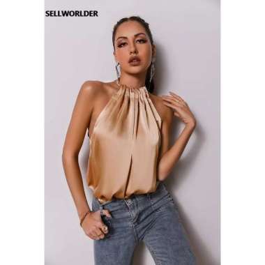 Baju Blouse Blus Atasan Wanita halter neck Serut off shoulder singlet tanpa lengan bahan satin kecil