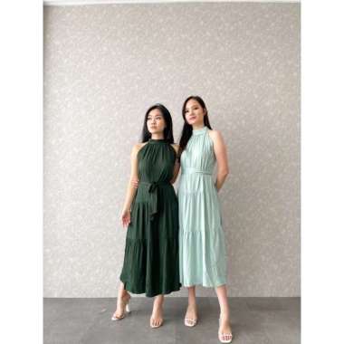 Dress kondangan Halter neck off Shoulder ruffle rempel dengan tali pinggang Biru wardah