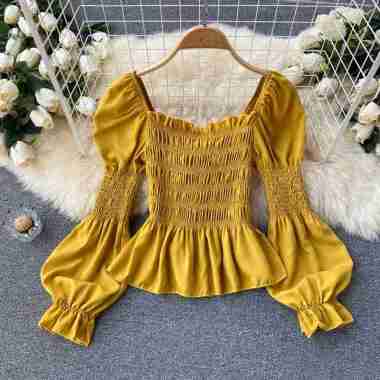 Baju Atasan Wanita blouse blus Kerut Smock Smoke Smok Lengan Panjang Balon Puff Kerut Polos sedang h