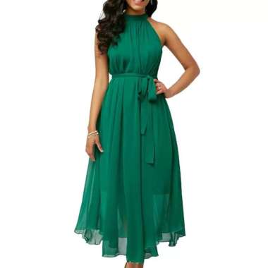 midi Dress kondangan Party pesta Halter neck mekar klok bahan sifon Ceruty Polos Kecil hijau lime
