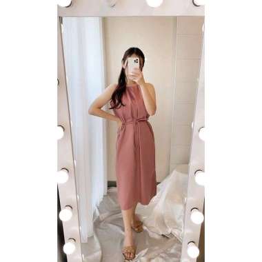 Dress Wanita Midi Satin Halterneck Serut leher tali pinggang Bahan Satin Polos All Size green sage