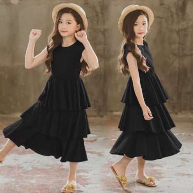 Baju Homey Dress Santai Anak Singlet Rempel Susun Polos Usia 2 β 12 Tahun L hitam