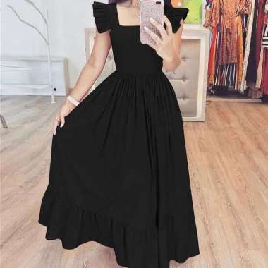 Maxi dress wanita kondangan party pesta Singlet Ruffle smock belakang bahan Katun polos S M L XL JUM
