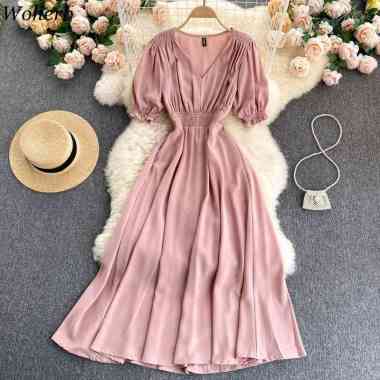 Maxy Dress Wanita Retro V neck Kerut Bahu Lengan Pendek Balon Bahan sifon ceruty Polos S M L XL JUMB