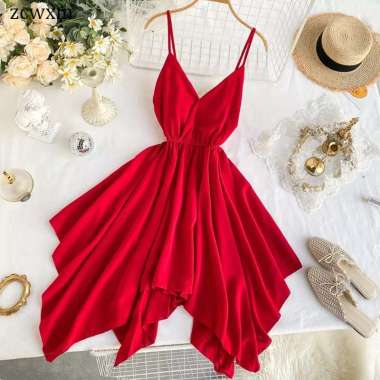 Mini Dress Singlet Wanita Pesta Kondangan Pantai Summer Dress Elegant Asimetris Satin Premium Korean