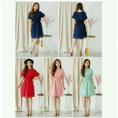 baju dress wanita brukat brokat selutut kerut pinggang O neck Tosca