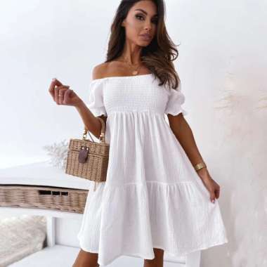 baju homey dress wanita sabrina off shoulder kerut smock smoke ruffle susun bahan crinkle XXL lilac