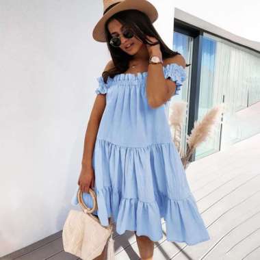 Midi Dress Sabrina Off shoulder homey Ruffle susun bahan Crinkle S biru wardah