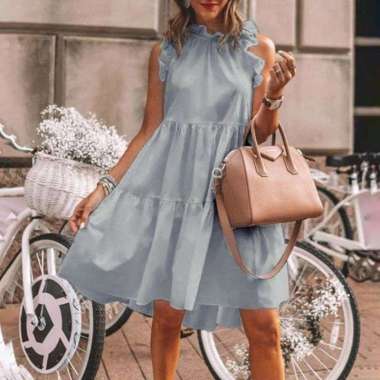 Baju homey dress singlet ruffle rempel susun katun nyaman Biru Wardah