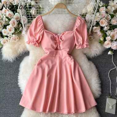 Mini Dress kondangan party pesta Wanita Sabrina Off Shoulder lengan pendek balon serut dada katun S 